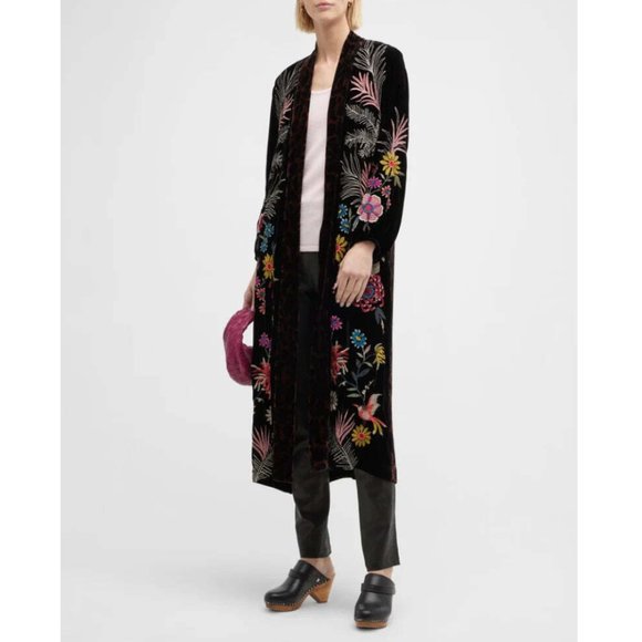 Johnny Was Tiarei Velvet Bishop Sleeve Kimono Coat Floral Embroidery Black New - Picture 2 of 15
